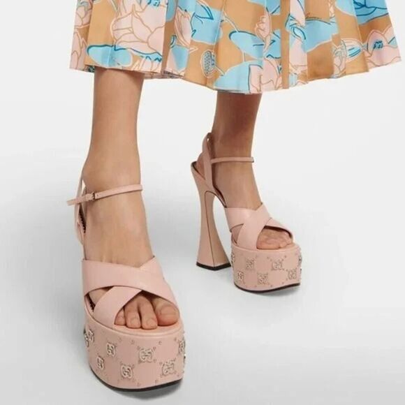 Gucci GG Embellished Pink Platform sandal Silver Interlocking G Studs 41 - Picture 9 of 9